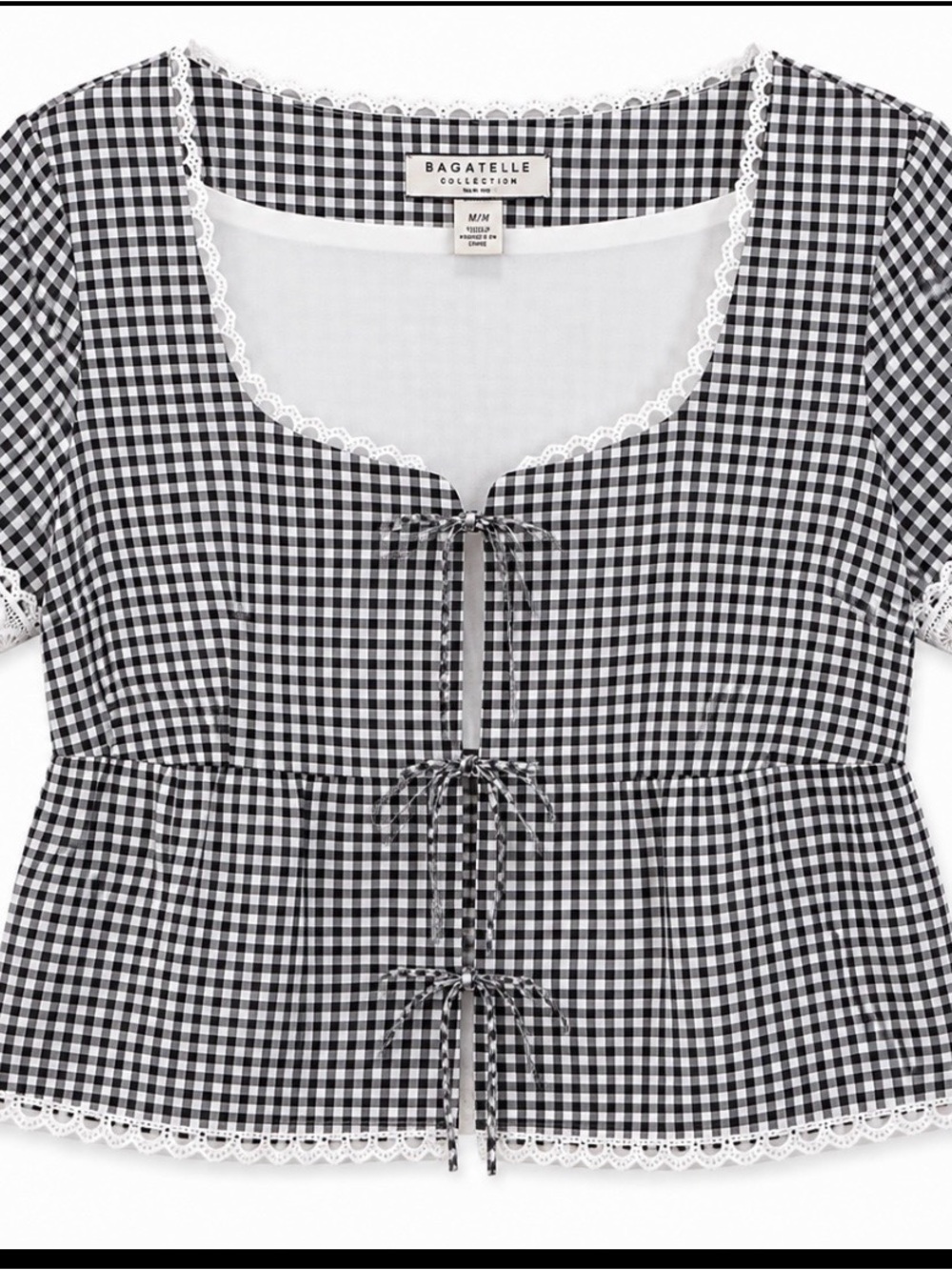 bagatelle Black and White Gingham Lace-Trim Tie-Front Blouse
